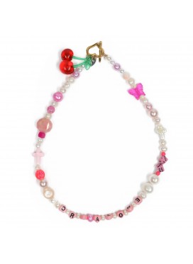 AZS TOKYO UNISEX PEARL＋BEADS PINK CREY ALONE NECKLACE